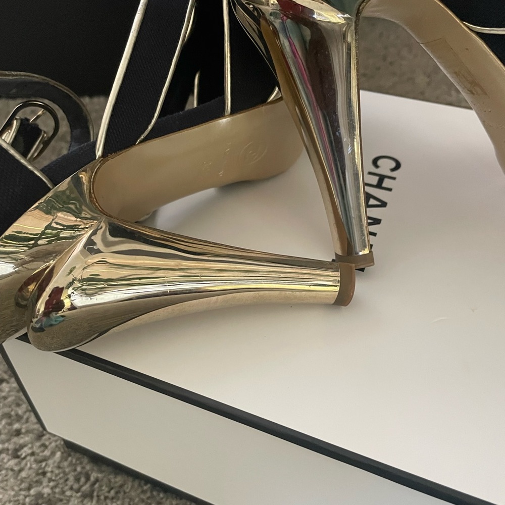 "Navy Canvas Chanel Pumps with Gold Heel - Authentic Luxury on Poshmark" - Picture 9 of 11